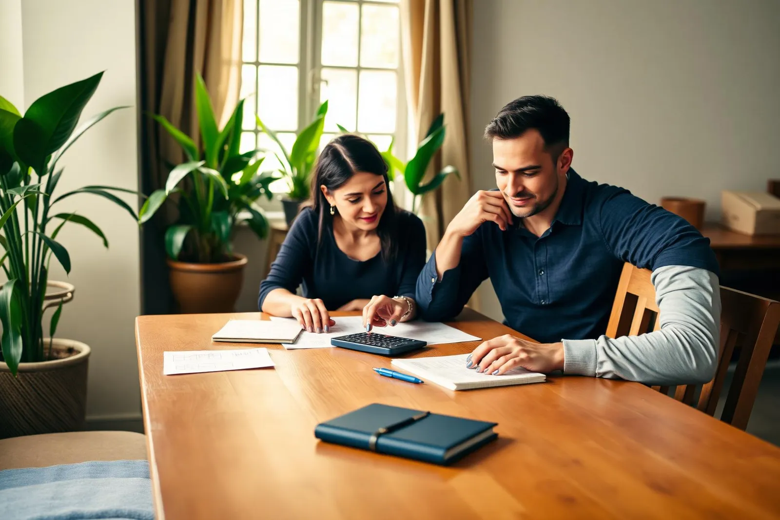Casal sentado à mesa usando calculadora e caderno para planejar gastos escolares
