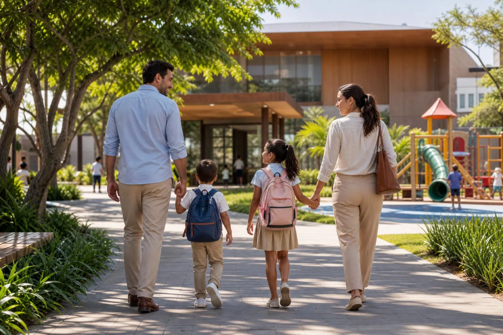 Família completa — pai, mãe, filho e filha — caminhando para uma escola moderna com playground e área verde