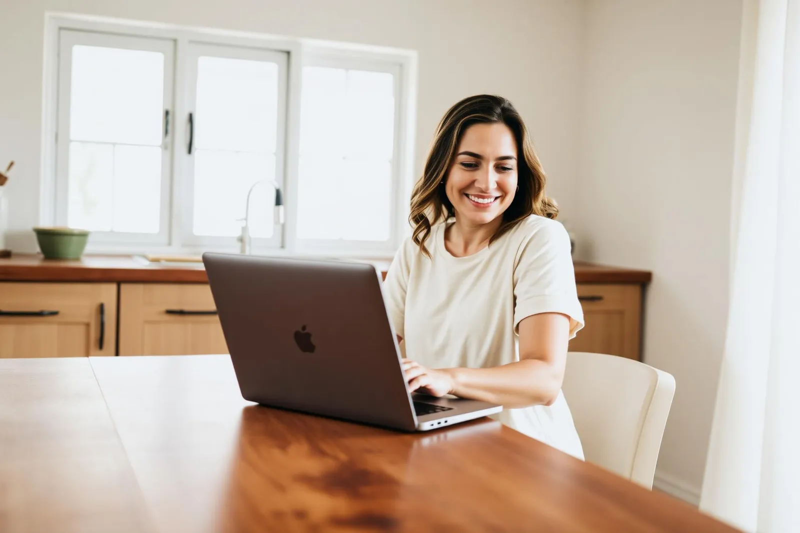 Mãe sorrindo enquanto escreve uma avaliação no notebook, na mesa da cozinha