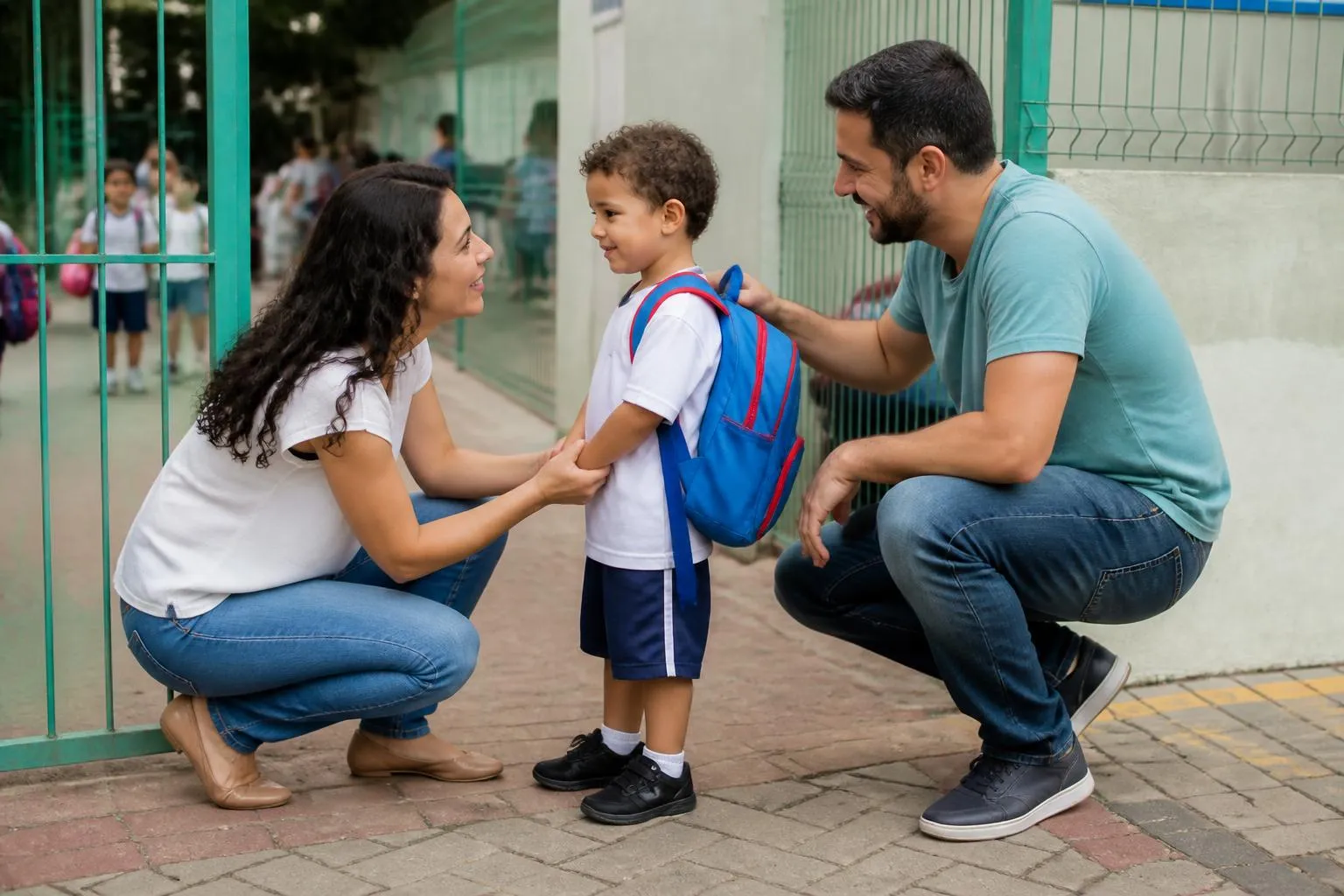 Pais agachados na porta da escola se despedindo do filho no primeiro dia