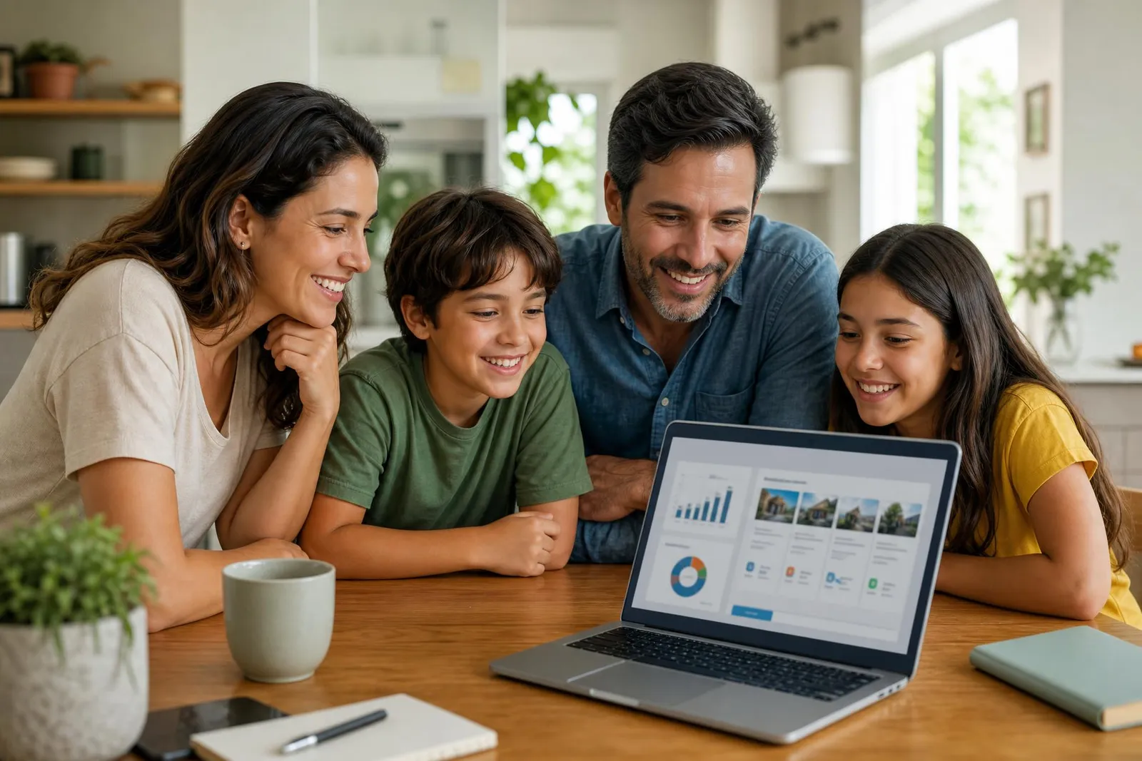 Família sorrindo enquanto compara escolas no laptop, feliz com a escolha